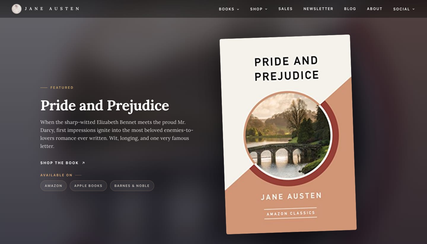 A StoryKeepr author website — Jane Austen's homepage with a branded hero, featured book, and universal store links